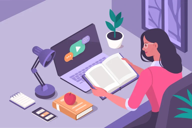 Cartoon Woman Studying at computer